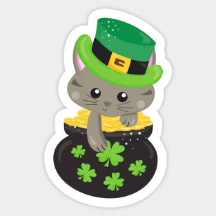 Saint Patrick's Day Cat, Clovers, Pot Of Gold Sticker